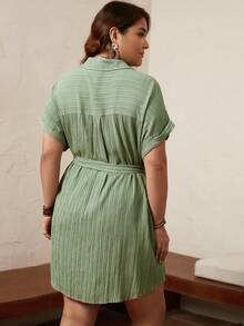 SHEIN LUNE 大码纯色蝙蝠袖系带衬衫裙