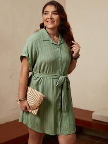 SHEIN LUNE 大码纯色蝙蝠袖系带衬衫裙