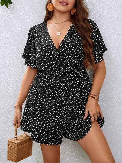 Breezaya Mono bohemio de verano con estampado de corazón y manga mariposa para talla grande