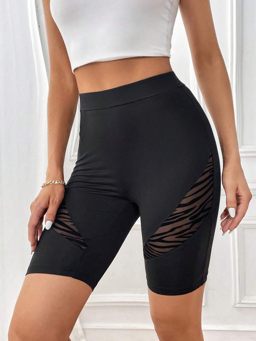 SHEIN Unity Quần tất nữ Tương phản Mesh Sọc ngựa vằn Giải trí - màu đen - Xem 1