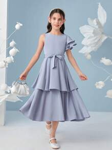 SHEIN 女孩1入組荷葉邊腰帶層疊下擺洋裝 - 淺藍色 - 查看 2