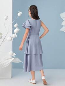 SHEIN 女孩1入組荷葉邊腰帶層疊下擺洋裝 - 淺藍色 - 查看 3