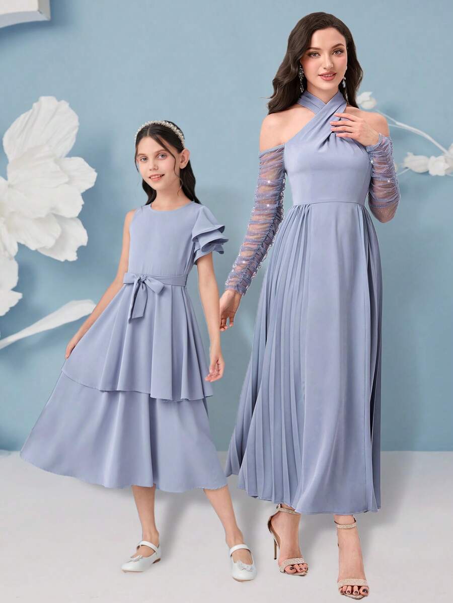 SHEIN 女孩1入組荷葉邊腰帶層疊下擺洋裝 - 淺藍色 - 查看 1