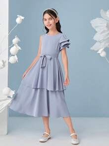 SHEIN 女孩1入組荷葉邊腰帶層疊下擺洋裝 - 淺藍色 - 查看 4