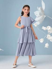 SHEIN 女孩1入組荷葉邊腰帶層疊下擺洋裝 - 淺藍色 - 查看 6