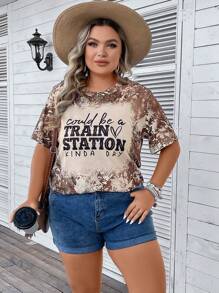 SHEIN LUNE Áo thun Plus size Slogan Giải trí - màu nâu - Xem 3