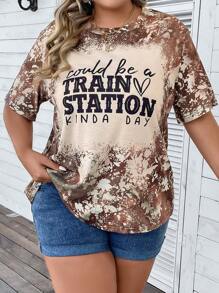 SHEIN LUNE Áo thun Plus size Slogan Giải trí - màu nâu - Xem 4