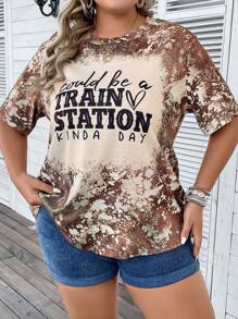 SHEIN LUNE Áo thun Plus size Slogan Giải trí - màu nâu - Xem 5