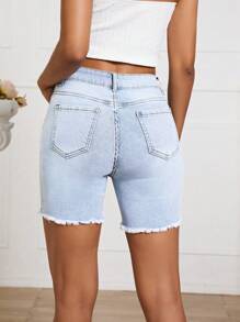 Raw Hem Ripped Denim Shorts - Light Wash - View 2