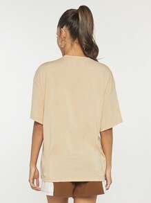 SHEINNeu 棕櫚樹和字母圖案落肩T恤 - 杏色 - 查看 2