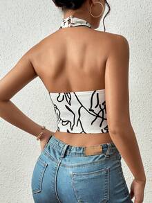SHEIN Privé Graphic Print Crisscross Halter Top - Black and White - View 2