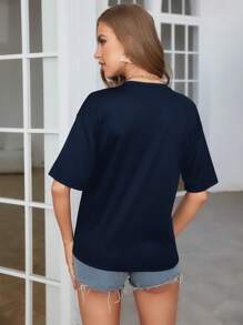 SHEIN LUNE Solid Drop Shoulder Tee - Navy Blue - View 2