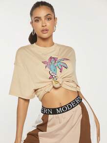 SHEINNeu 棕櫚樹和字母圖案落肩T恤 - 杏色 - 查看 1