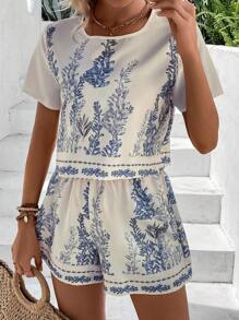 SHEIN Holidaya Plants Print Top & Shorts - Beige - View 3