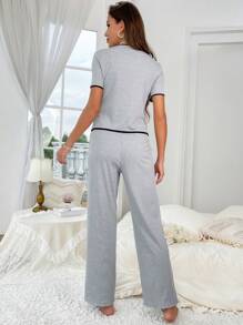 Contrast Binding Button Front PJ Set / Pajama Set - Light Grey - View 2