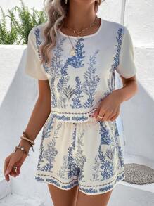 SHEIN Holidaya Plants Print Top & Shorts - Beige - View 5