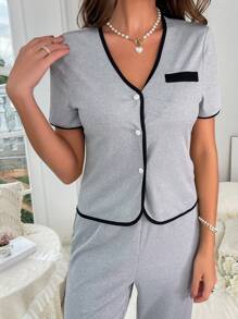 Contrast Binding Button Front PJ Set / Pajama Set - Light Grey - View 5