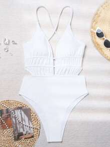 Swim Lushoire Summer Beach Plain Cut-Out One Piece Swimsuit - White - View 4