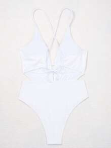 Swim Lushoire Summer Beach Plain Cut-Out One Piece Swimsuit - White - View 5