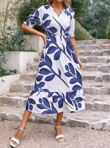 SHEIN VCAY Vestido con estampado de hoja bajo con fruncido - Azul y blanco - Ver 4