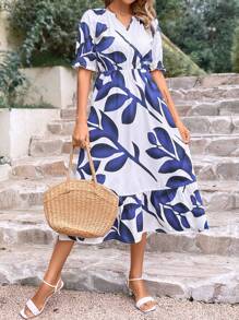 SHEIN VCAY Vestido con estampado de hoja bajo con fruncido - Azul y blanco - Ver 6