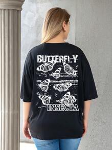 SHEIN Unity 大碼蝴蝶和字母圖案落肩T恤 - 黑色 - 查看 1