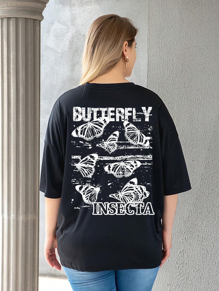 SHEIN Unity 大碼蝴蝶和字母圖案落肩T恤 - 黑色 - 查看 1