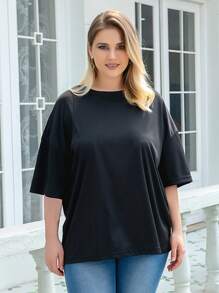 SHEIN Unity 大碼蝴蝶和字母圖案落肩T恤 - 黑色 - 查看 2