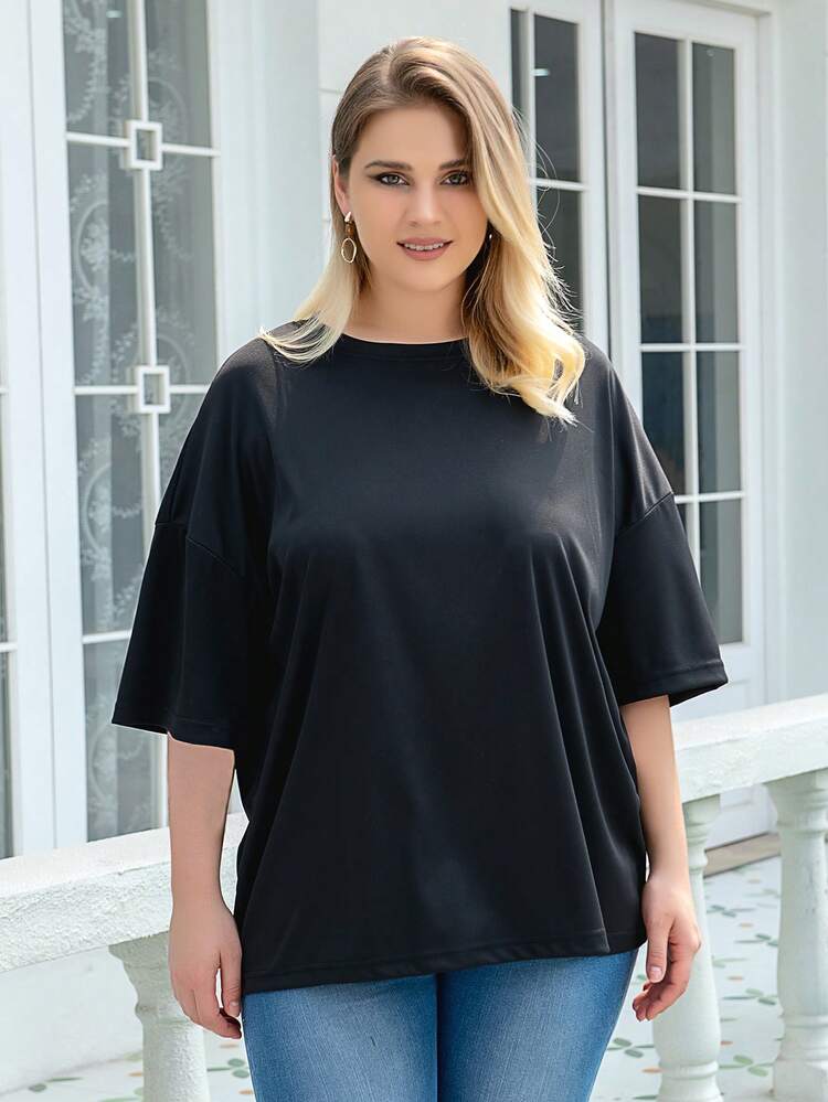 SHEIN Unity 大碼蝴蝶和字母圖案落肩T恤 - 黑色 - 查看 2