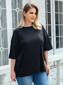 SHEIN Unity 大碼蝴蝶和字母圖案落肩T恤 - 黑色 - 查看 4