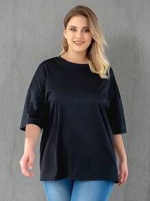 SHEIN Unity 大碼蝴蝶和字母圖案落肩T恤 - 黑色 - 查看 5