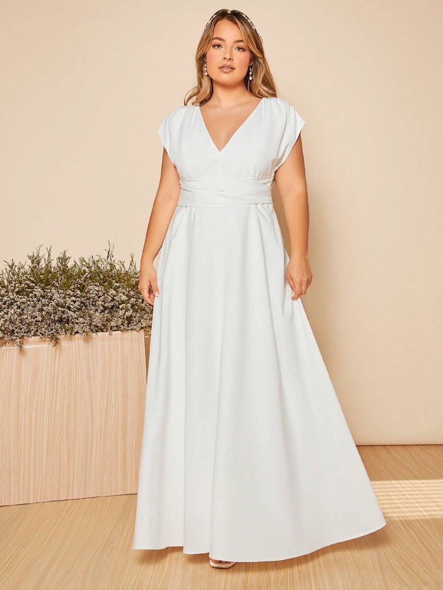 SHEIN Belle 大碼蝙蝠袖婚紗連衣裙 - 白色 - 查看 1