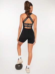 VARSITIE 前鏤空緊身連身衣運動連體短褲 - 黑色 - 查看 1