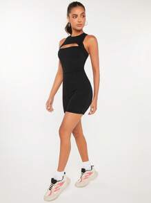 VARSITIE 前鏤空緊身連身衣運動連體短褲 - 黑色 - 查看 3