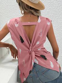 SHEIN LUNE Feather Print Twist Back Blouse - Pink - View 1