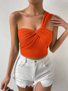 Chiquease One Shoulder Twist Front Crop Top - Orange - View 3