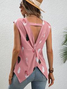 SHEIN LUNE Feather Print Twist Back Blouse - Pink - View 4