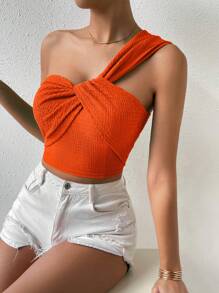Chiquease One Shoulder Twist Front Crop Top - Orange - View 4