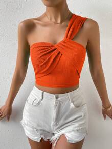 Chiquease One Shoulder Twist Front Crop Top - Orange - View 5
