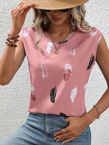 SHEIN LUNE Feather Print Twist Back Blouse - Pink - View 6