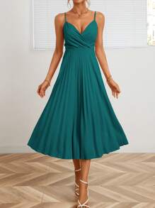 Aveloria Solid Pleated Hem Cami Dress - Teal Blue - View 1