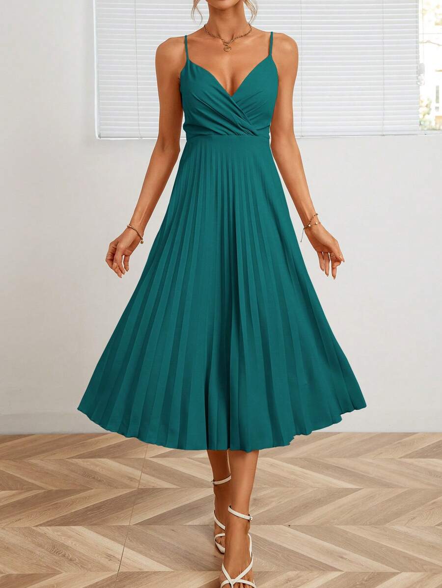 Aveloria Solid Pleated Hem Cami Dress - Teal Blue - View 1