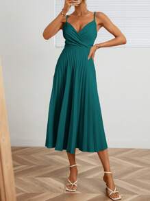 Aveloria Solid Pleated Hem Cami Dress - Teal Blue - View 3