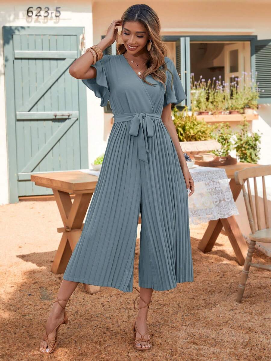 SHEIN Clasi Butterfly Sleeve Pleated Hem Belted Jumpsuit