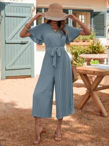 SHEIN Clasi Butterfly Sleeve Pleated Hem Belted Jumpsuit