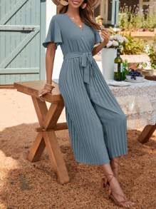 SHEIN Clasi Butterfly Sleeve Pleated Hem Belted Jumpsuit