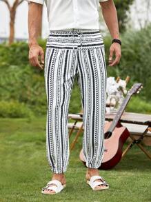 Manfinity RSRT 寬鬆男士幾何印花束口腰褲 - 黑與白 - 查看 5