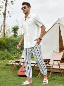 Manfinity RSRT 寬鬆男士幾何印花束口腰褲 - 黑與白 - 查看 6