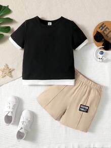 SHEIN 2 cái/bộ Áo phông khối màu 2 trong 1 mùa hè cho bé trai mới biết đi và quần short gấp gọn - Nhiều màu - Xem 1