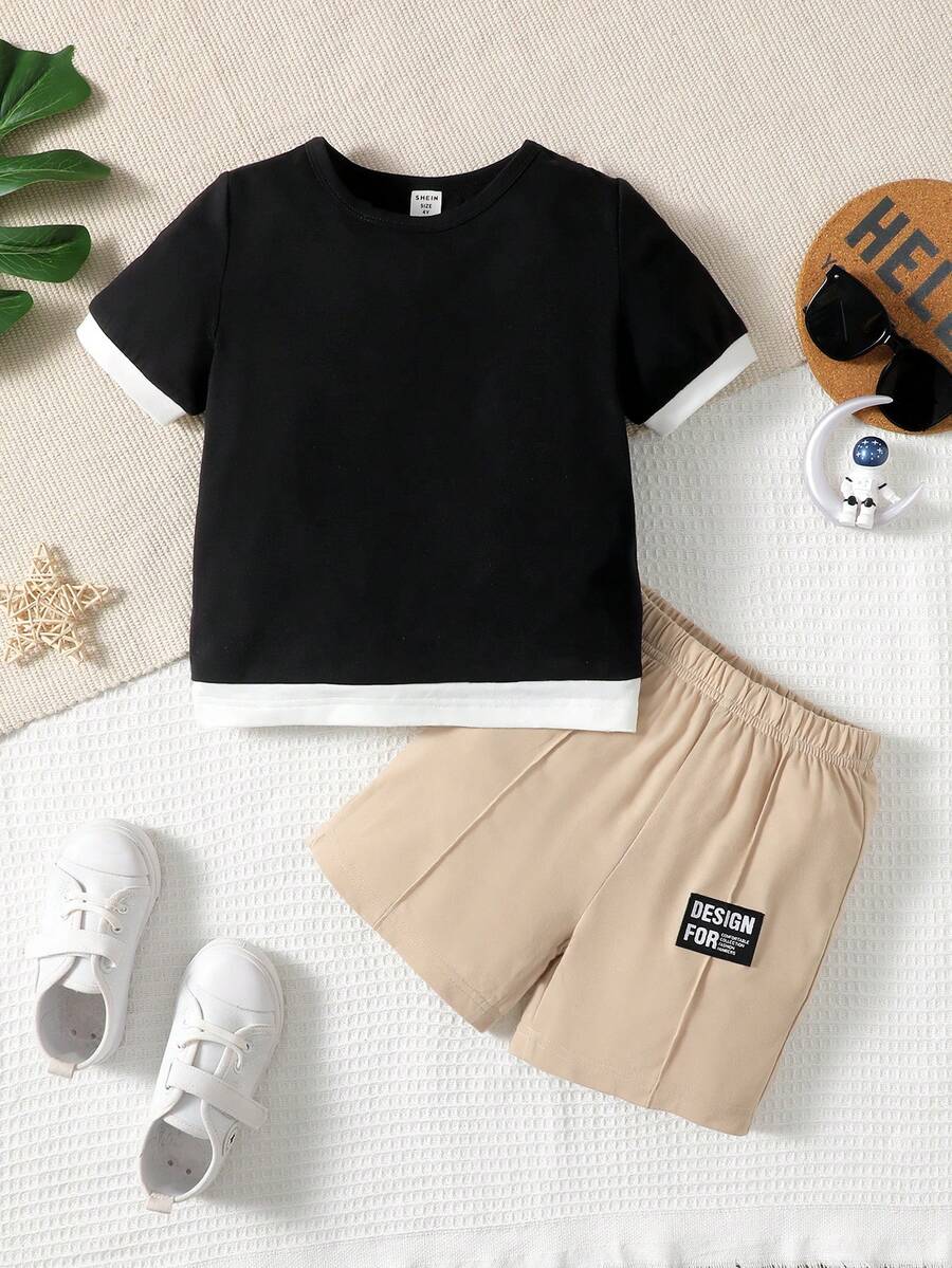 SHEIN 2 cái/bộ Áo phông khối màu 2 trong 1 mùa hè cho bé trai mới biết đi và quần short gấp gọn - Nhiều màu - Xem 1